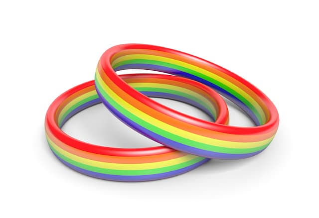 Wedding rings with rainbow colors, symbol of gay partnerships